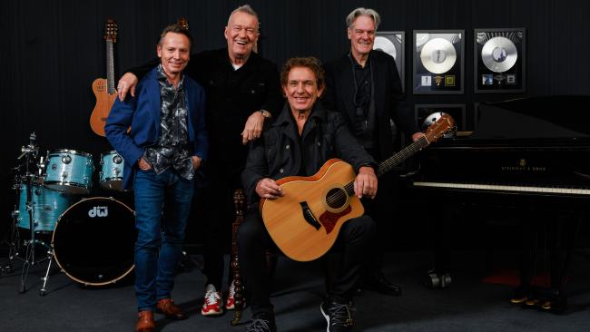 The band, Cold Chisel, Phil Small, Jimmy Barnes, Ian Moss, and Don Walker, in Alexandria, will tour Australia for their fiftieth anniversary. Picture: Justin Lloyd
