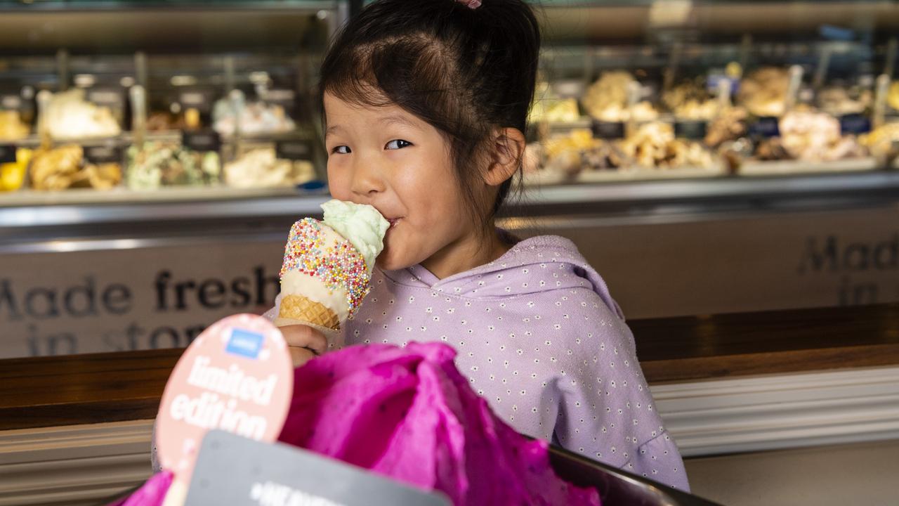 Four-year-old Abby Chiang enjoys a treat as Gelatissimo celebrates 10 years of business in the Toowoomba CBD, Thursday, August 25, 2022. Picture: Kevin Farmer