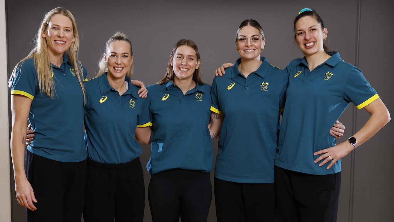 Opals Lauren Jackson, Tess Madgen, Isobel Borlase, Cayla George and Marianna Tolo at the announcement. Picture: Michael Klein