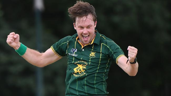 Michael Topp celebrates a wicket for Northcote. Picture: Andy Brownbill