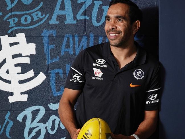 Eddie Betts poses during a Carlton Blues press conference in Melbourne, Monday, October 14, 2019. Betts, previously with the Adelaide Crows, has signed a one year contract until the end of 2020. (AAP Image/Michael Dodge) NO ARCHIVING