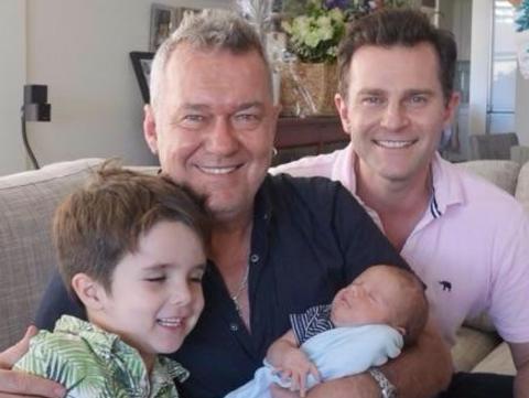 Supplied image of Jimmy Barnes with David Campbell, Leo and his newborn twins, Betty and Billy. Picture: Supplied