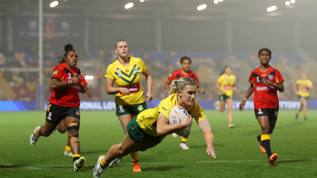 Shenae Ciesiolka scores for Australia during the Rugby League Women’s World Cup semi-final. Picture: Getty Images