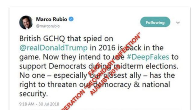 A fake tweet used by Secondary Infektion during the 2018 midterm election. Source: Supplied.