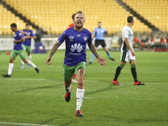 WELLINGTON, NEW ZEALAND - FEBRUARY 21: David Ball of the Phoenix celebrates after scoring a goal during the round 20 A-League match between the Wellington Phoenix and Western United at Westpac Stadium on February 21, 2020 in Wellington, New Zealand. (Photo by Hagen Hopkins/Getty Images)