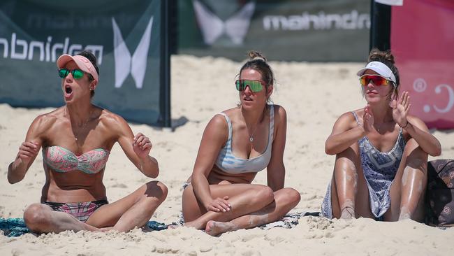 Spectators Cookie, Kriss and Hazel at the Australian Beach Volleyball Championships in Coolangatta. Picture: Glenn Campbell
