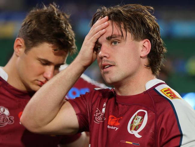 PERTH, AUSTRALIA - MARCH 23: Mac Grealy of the Reds reacts after the loss during the round five Super Rugby Pacific match between Western Force and Queensland Reds at HBF Park, on March 23, 2024, in Perth, Australia. (Photo by James Worsfold/Getty Images)