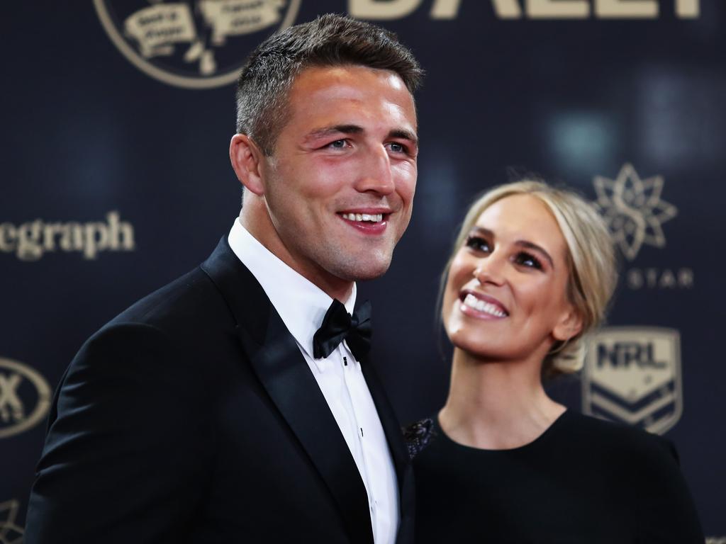 Sam Burgess of the Rabbitohs and wife Phoebe Burgess. Picture: Ryan Pierse/Getty Images