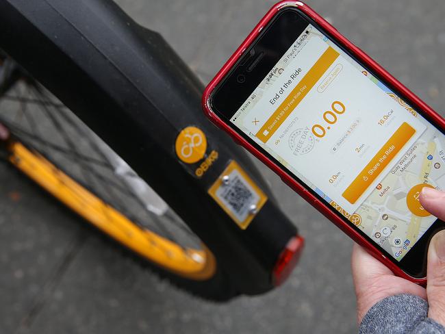 Josh Robinson tries out the new dockless bikes in Melbourne. Picture: Ian Currie