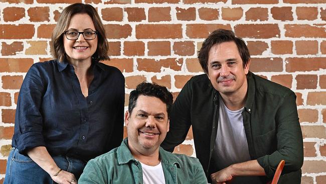 6/3/2024: Love Stories , author Trent Dalton and wife Fiona Franzmann, with actor Jason Klarwein (sitting) who plays Trent, with the now famous typewriter and hat. The upcoming Queensland Performing Arts Centre and Brisbane Festival stage adaptation of Trent DaltonÃ¢â¬â¢s Love Stories will have its world premiere in the Playhouse from 10 to 29 September as part of the 2024 Festival. pic Lyndon Mechielsen