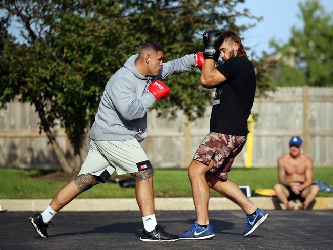 A day in the life of heavyweight UFC fighter Tai Tuivasa before he fights in UFC 225 on the weekend in Chicago, USA. Tai training in the car park of his hotel 90mins out of town. Picture: Sam Ruttyn