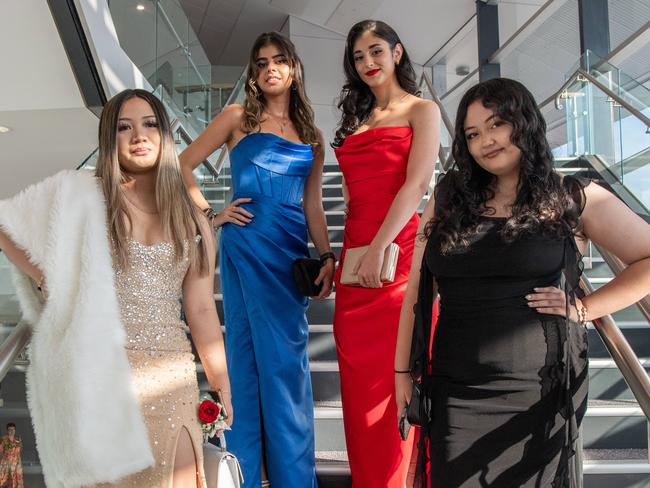 Anjelica Santos, Themelina Makrynakis, Irene Tsougranis and Ava South at the Year 12 School formals of Darwin High School at Darwin Convention Centre, Darwin. Picture: Pema Tamang Pakhrin.