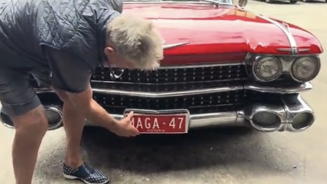 Sam Newman and his MAGA 47 number plates in November 2024. Picture: Supplied/YouTube