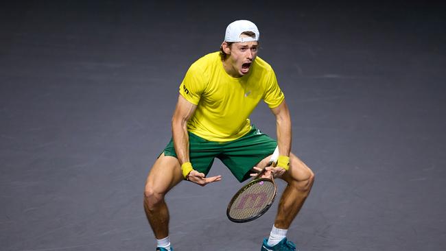 Alex de Minaur of Australia celebrates after winning the Davis Cup by Rakuten Finals 2022 semi-final match between Australia and Croatia. (Photo by Fran Santiago/Getty Images)