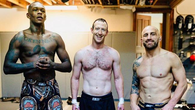 Mark Zuckerberg training with UFC fighters, Israel Adesanya (L) and Alexander Volkanowski (R). Supplied