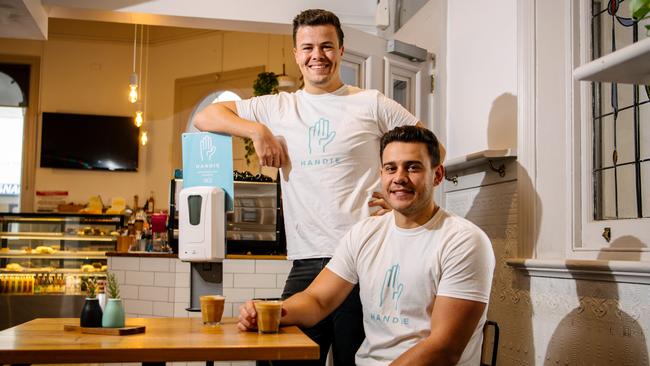 Co-founders Edward Juers and Peter Paleologos of new business, a monthly hand sanitiser service called Handie. Picture: Morgan Sette