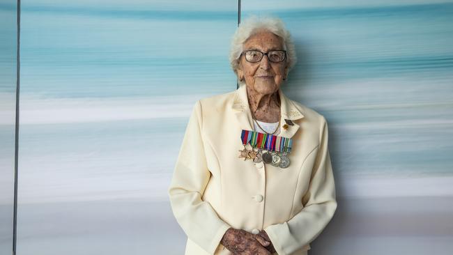 Faye Clarke, World War II nurse at the Caloundra RSL club is one of the stars of a new documentary telling the stories of our veterans. Picture: Mark Cranitch