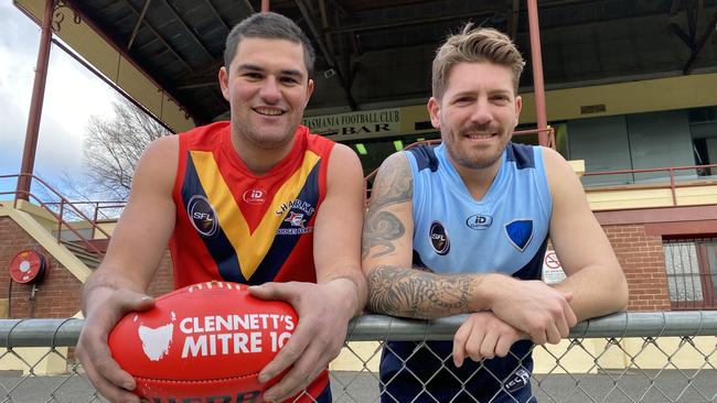 SFL players Cam Hooker, of Dodges Ferry, and Zac Mastrocola, of Lindisfarne. Picture: James Bresnehan