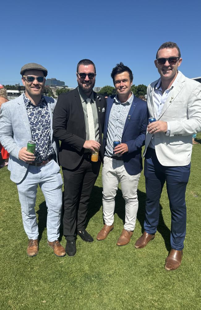 David Stiven, Shaun Kidd, Trent Mathews and Steve Finigan at the Melbourne Cup at Flemington Racecourse on November 5, 2024. Picture: Phillippa Butt