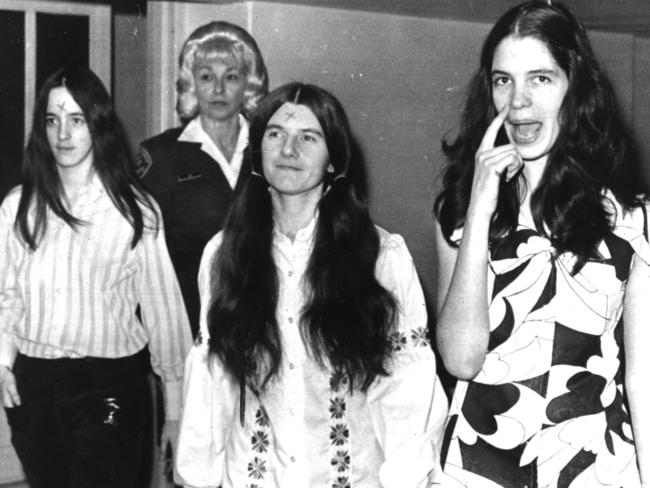 The three Manson Family members Patricia Wrenwinkel, Susanne Denise Atkins, and Leslie Van Houten arrive in court. Picture: UPI