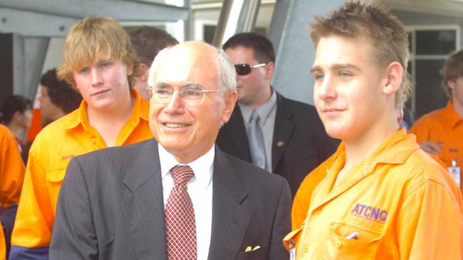 Former prime minister John Howard with apprentice boilermaker Zane Morgan at the North Queensland Australian Technical College ahead of the 2007 federal election.