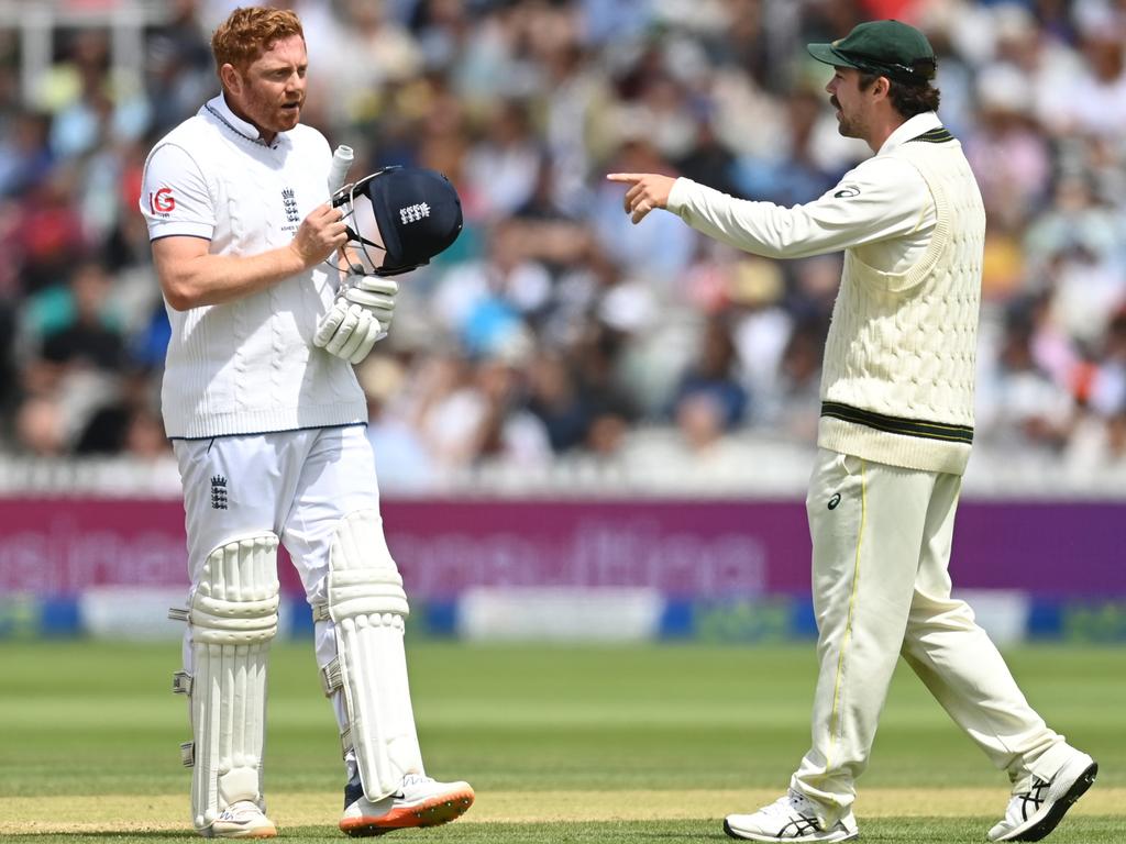 Travis Head fronts Jonny Bairstow after he was stumped by Alex Carey at Lord's. Head claims he reminded the England wicketkeeper-batsman that he tried something identical at Edgbaston. Picture: Gareth Copley/Getty Images