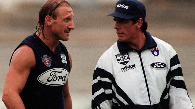 Gary Ablett and Geelong champion Gary Ayres at Geelong training.