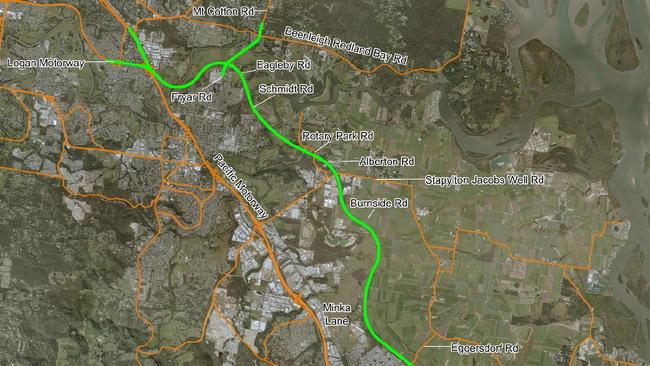 The green line shows the route of the Coomera Connector as it leaves the Gold Coast and heads north to Brisbane via Eagleby.