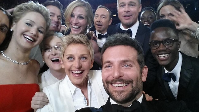 Ellen’s star-studded 2014 Oscars selfie became one of the most popular social media images of all time. Picture: Ellen DeGeneres/Twitter