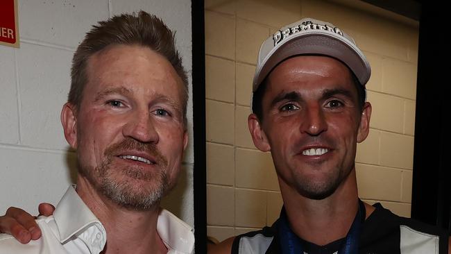 MELBOURNE , AUSTRALIA. September 30, 2023. AFL Grand Final between Collingwood and the Brisbane Lions at the MCG.   Scott Pendlebury of the Magpies with Nathan Buckley   .Picture by Michael Klein