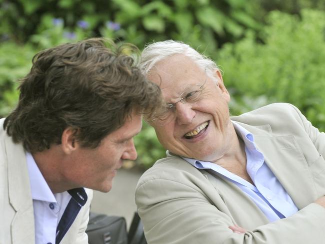 Craig Leeson chats with his idol, Sir David Attenborough during filming for his documentary film, A Plastic Ocean. Picture: Supplied.