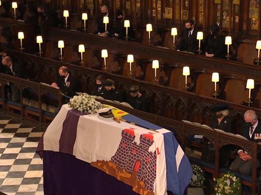 Prince Charles and members of the royal family sitting apart in the chapel. Picture: Channel 7