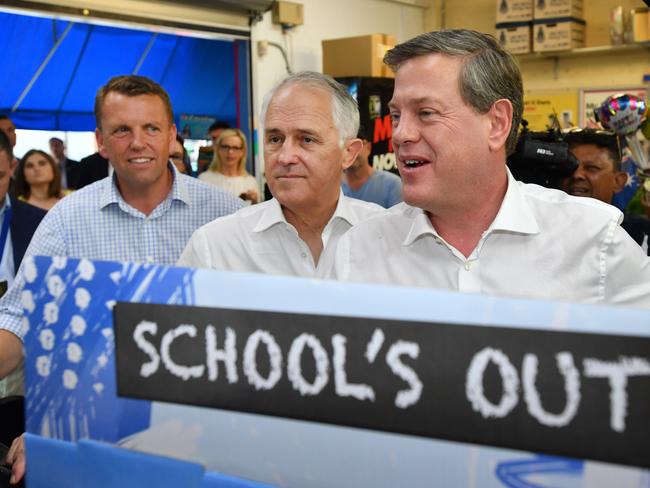 LNP shadow Treasurer Scott Emerson with Prime Minister Malcolm Turnbull and Queensland Opposition Leader Tim Nicholls. Picture: AAP Image/Darren England