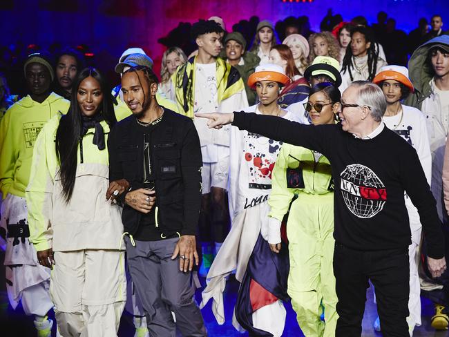 Tommy Hilfiger, far right, with Naomi Campbell (far left) and Lewis Hamilton in London. Picture: Getty Images for Tommy Hilfiger