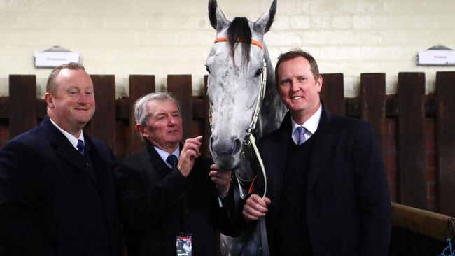 Trainers of Chautauqua, Wayne, John and Michael Hawkes before his failed trial.