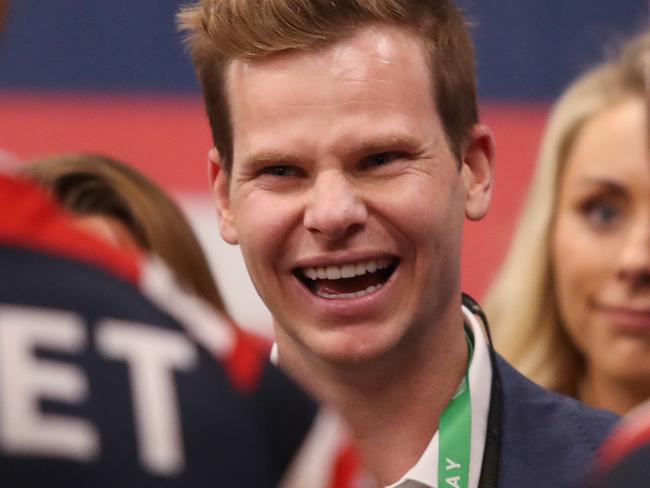 Australian cricketer Steve Smith in the Roosters rooms after the 2019 NRL Grand Final between the Sydney Roosters and Canberra Raiders at ANZ Stadium, Sydney. Picture: Brett Costello