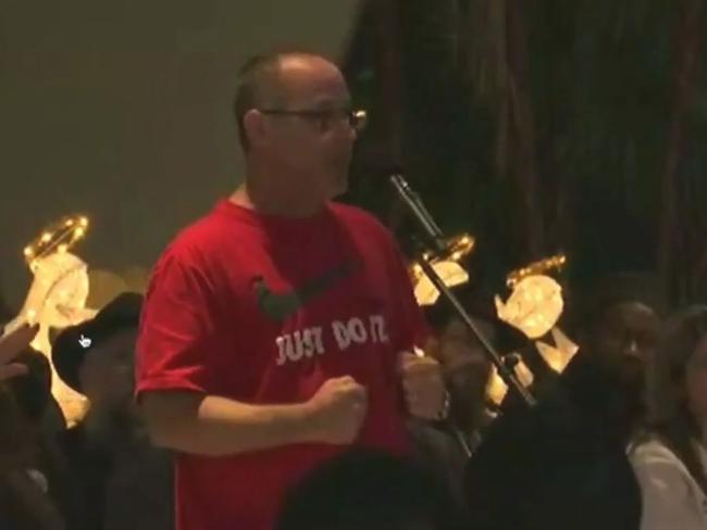 Jaime Guttenberg’s father gives a heartbreaking speech during a vigil for the victims of the Florida school shooting. Picture: Twitter