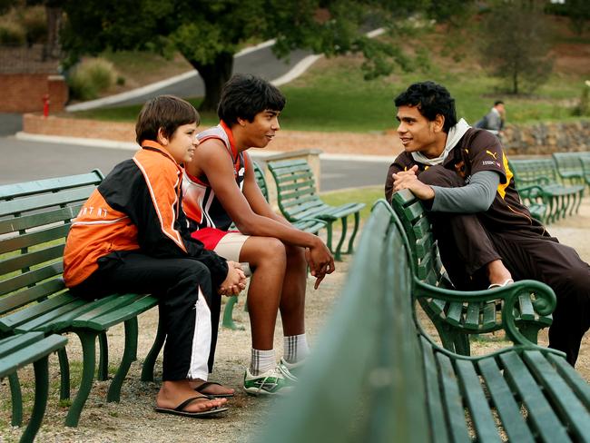 Hawthorn legend Cyril Rioli with cousins Shannon Rioli and Jack Long at Scotch College back in 2008. Picture: COLLEEN PETCH