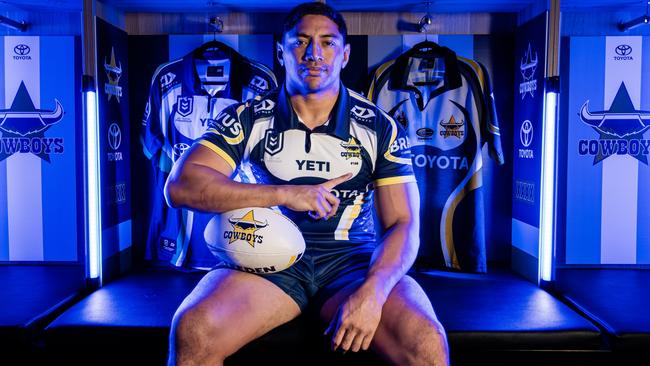 Iconic North Queensland Cowboys’ forward Jason Taumalolo models the hugely popular 2024 Charity Jersey, stocks of which are back on sale. Picture: Supplied