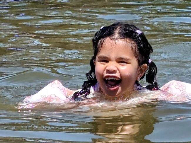 Mila Hinkley, 3, with the biggest smile at Lake Hume while on holidays with Nana and Poppy. Picture: Amanda Hinkley, Corowa.