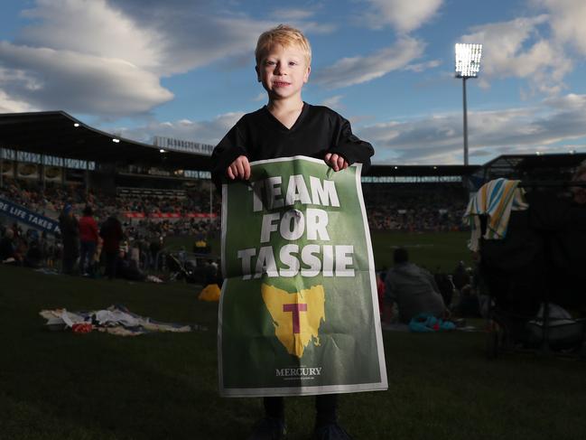 Oliver Mayne, 6, of Hobart, kicked a goal in his first AFL half time Auskick match. Picture: Nikki Davis-Jones