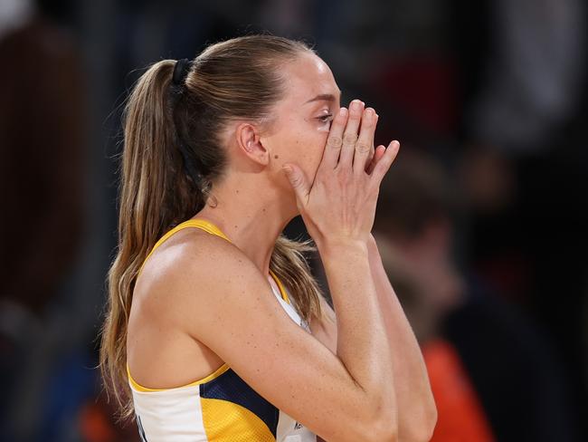 SYDNEY, AUSTRALIA - MAY 11: Cara Koenen of the Lightning looks dejected during the round five Super Netball match between Giants Netball and Sunshine Coast Lightning at Ken Rosewall Arena on May 11, 2024 in Sydney, Australia. (Photo by Jason McCawley/Getty Images)