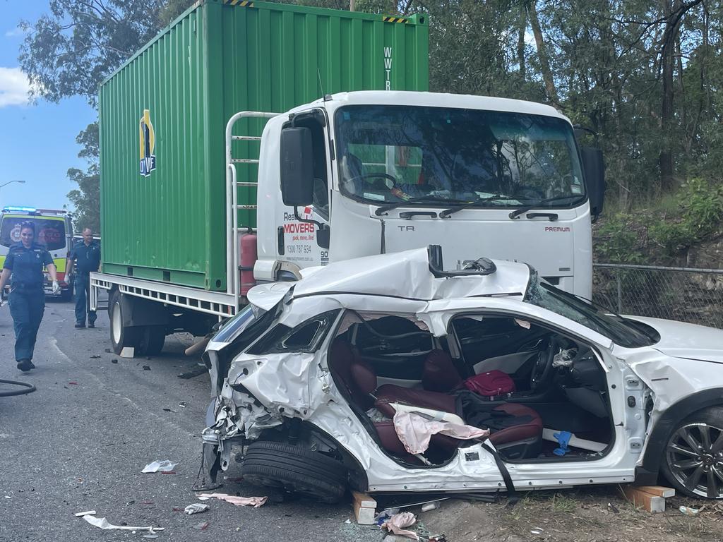 A man was cut free after being trapped for 45 minutes following the multi-vehicle crash in Chermside West. Picture: Samantha Scott