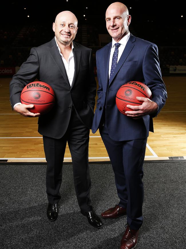 NBL owner and executive chairman Larry Kestelman and Tasmanian Premier Peter Gutwein at the announcement the league’s 10th team would be based in Tasmania. Picture: Zak Simmonds