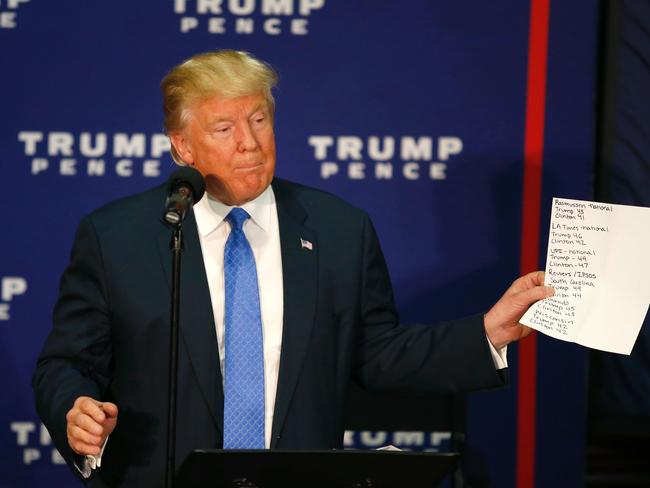 Republican presidential candidate Donald Trump holds up polling data as he speaks at a town hall event on October 6. Picture: Mary Schwalm/AFP