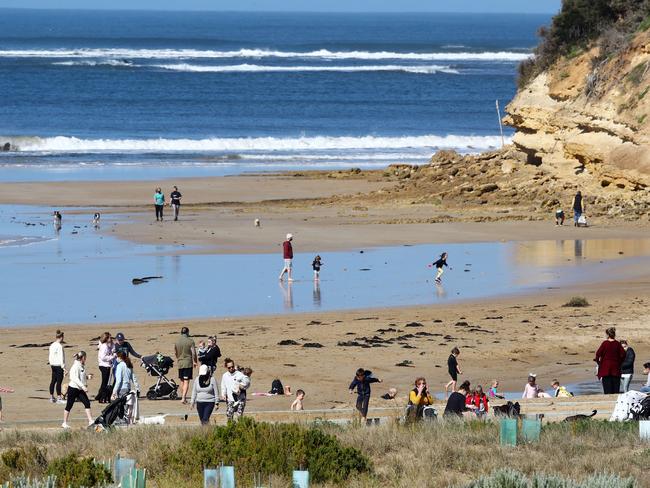 Late morning Friday crowds at Fisherman's Beach Torquay. Picture: Alison Wynd