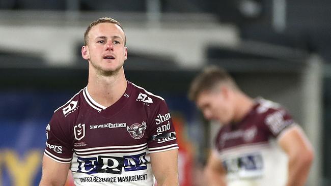 SYDNEY, AUSTRALIA - JUNE 06: Daly Cherry-Evans of the Sea Eagles looks dejected during the round four NRL match between the Parramatta Eels and the Manly Sea Eagles at Bankwest Stadium on June 06, 2020 in Sydney, Australia. (Photo by Cameron Spencer/Getty Images)