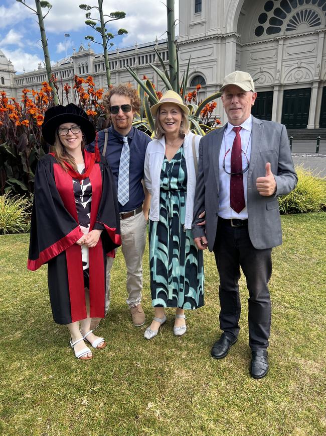 Dr Anja Schomann (PhD in Neuroscience), Andrew Micallef, Brigitte Schomann and Michael Schomann at the University of Melbourne graduations held at the Royal Exhibition Building on Tuesday, December 17, 2024. Picture: Jack Colantuono