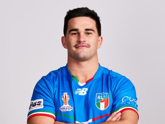 LIVERPOOL, ENGLAND - OCTOBER 11: Daniel Atkinson of Italy poses for a photo during the Italy Rugby League World Cup Portrait Session on October 11, 2022 in Liverpool, England. (Photo by Pat Elmont/Getty Images for Rugby League World Cup)