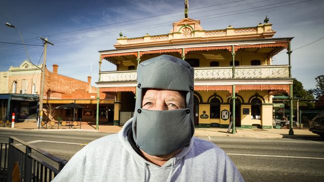 Barry Parsons from Corowa pictured in Rutherglen with his Ned Kelly face mask. Everyone must wear a mask when they leave home, unless an exception applies. Picture: News Corp